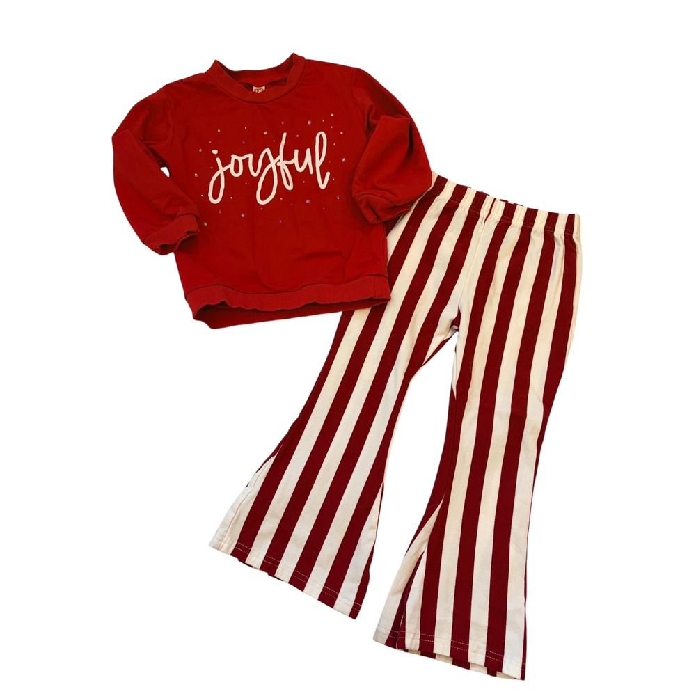 Girls Red White Joyful Sweatshirt & Striped Bell Bottom Pants Set Size 7-8